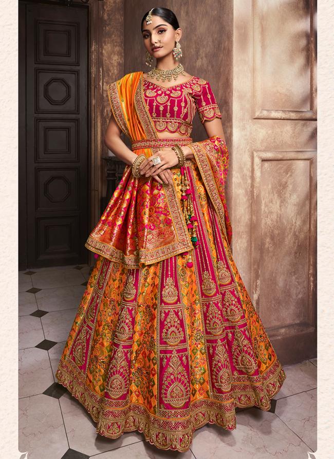 Banarasi Silk Orange Bridal Wear Embroidery Work Lehenga Choli
